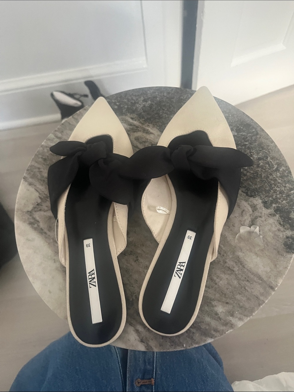 Zara Cream Pointed Mules with Black Knot Accent
